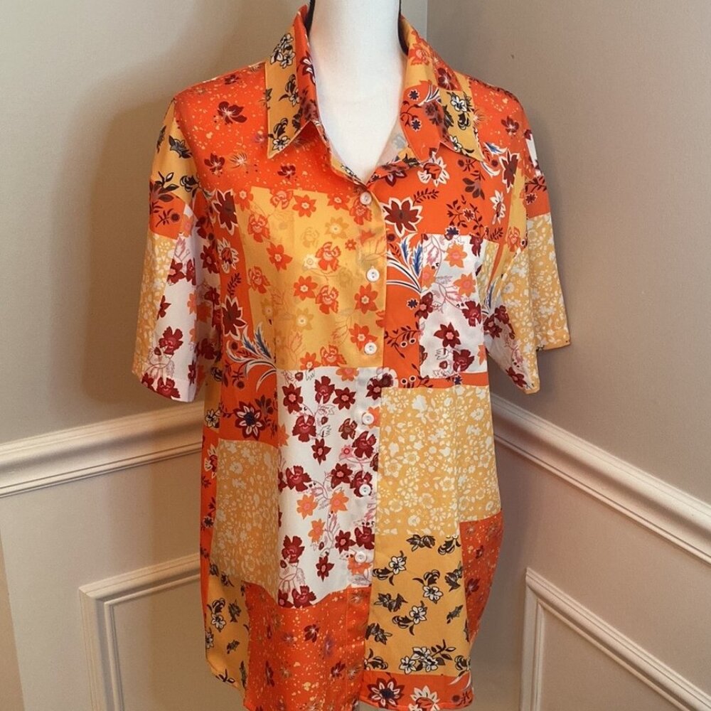 Floral Patchwork Button Down Shirt Size Medium Fa… - image 1